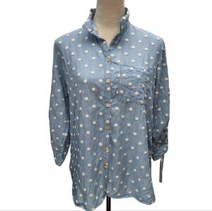 John Mark White Polka Dot Embroidered Boho Top button WIRE collar Sz Small